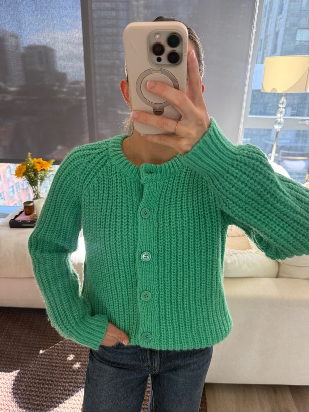 Green Ribbed Button-Front Cardigan Sweater